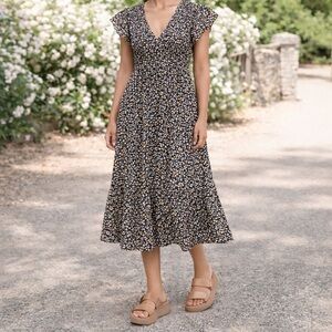 Rails Black Floral V-Neck Midi Dress